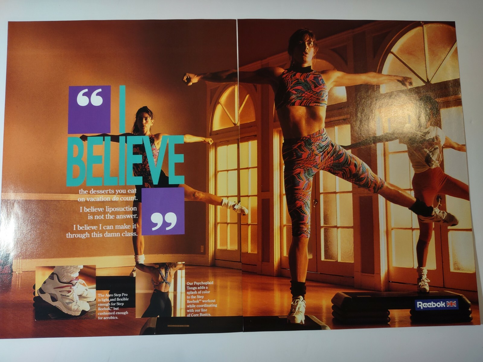 Vintage 1990s Print Ad Reebok Aero Step Pro I Believe Sports Shoes Double Page