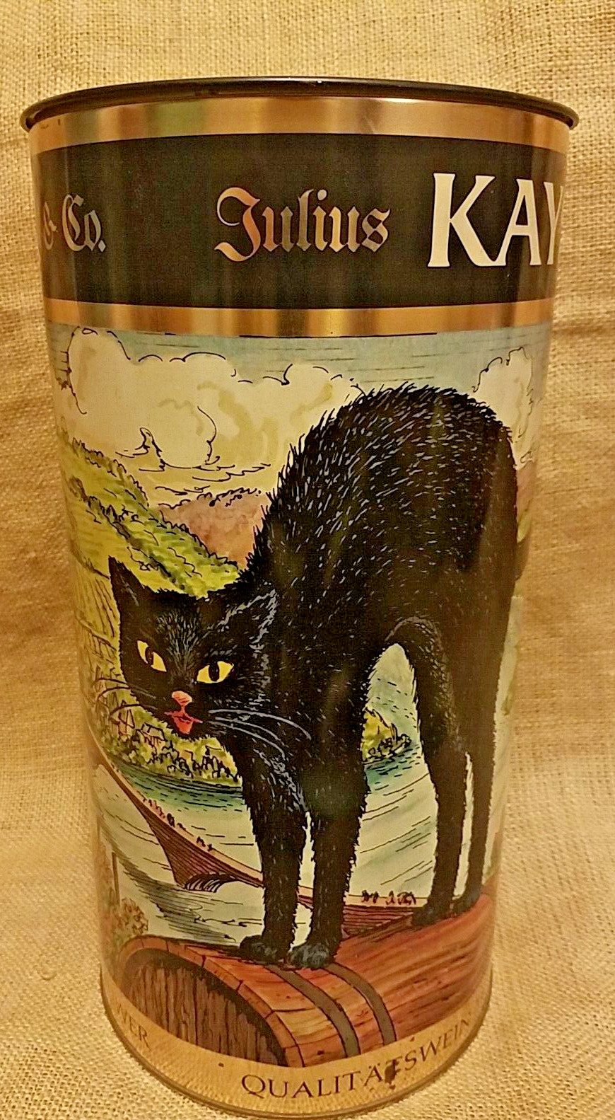 Vintage Julius Kayser Tall Black Scared Cat Tin Germany Wine Container Empty 14″