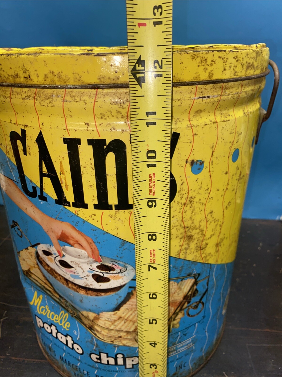 Huge Vintage Cain’s Marcelle POTATO CHIP CO. Bowling Green Ohio LARGE Tin Can