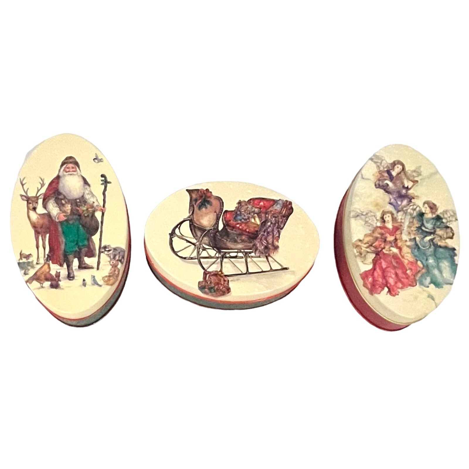 Rare 1992 Potpourri Press Christmas Tins ANGELS SANTS SLEIGH 5.5×3.5 in EUC