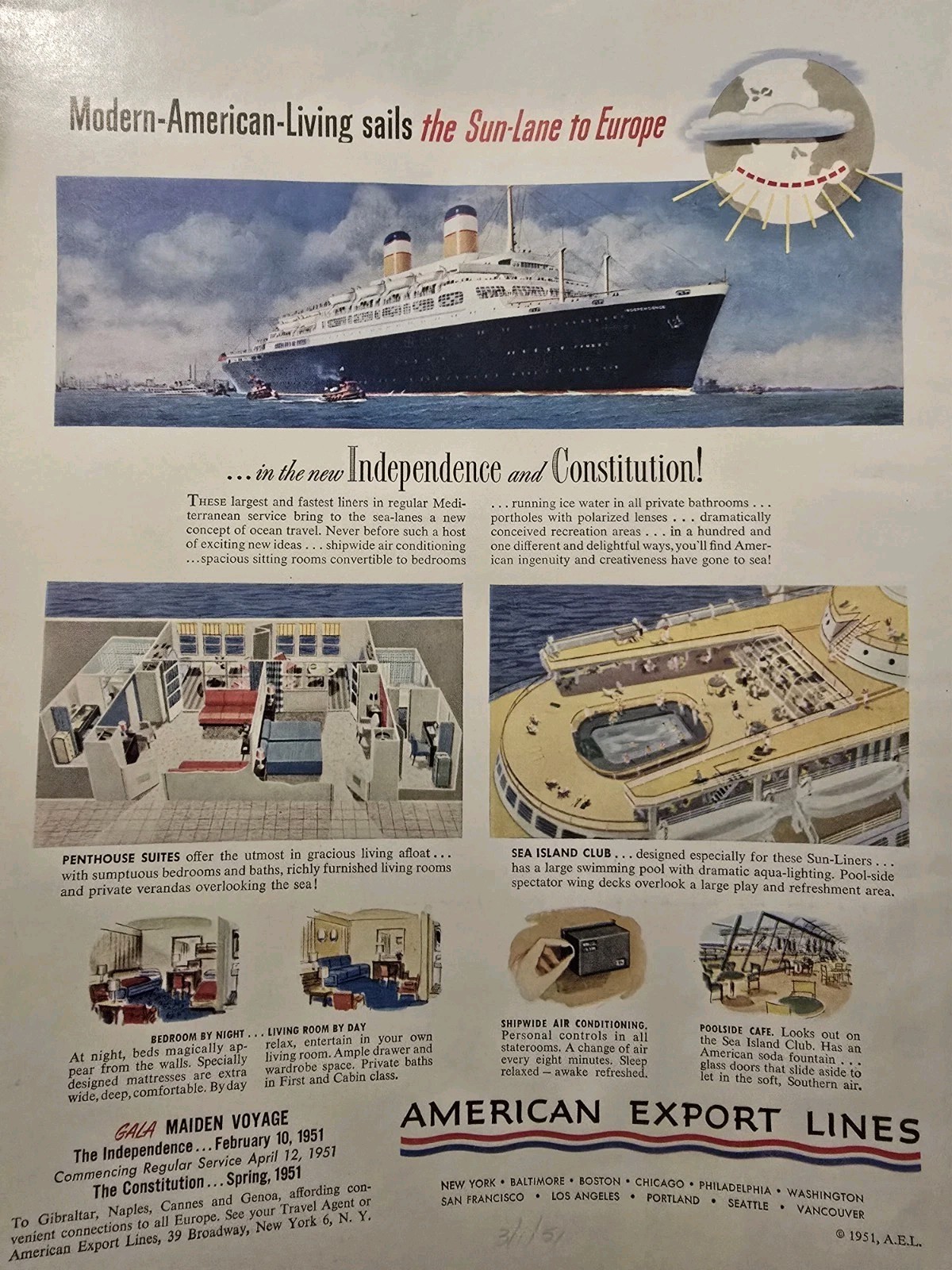 1951 American Export Lines Independence Constitution Cruise Ships vintage ad