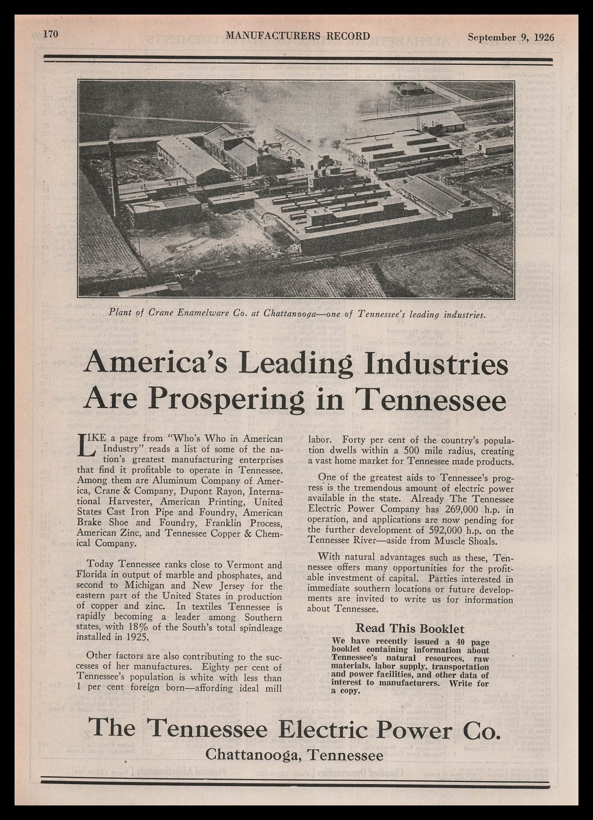 1926 Tennessee Electric Power Photo Crane Enamelware Chattanooga Plant Print Ad