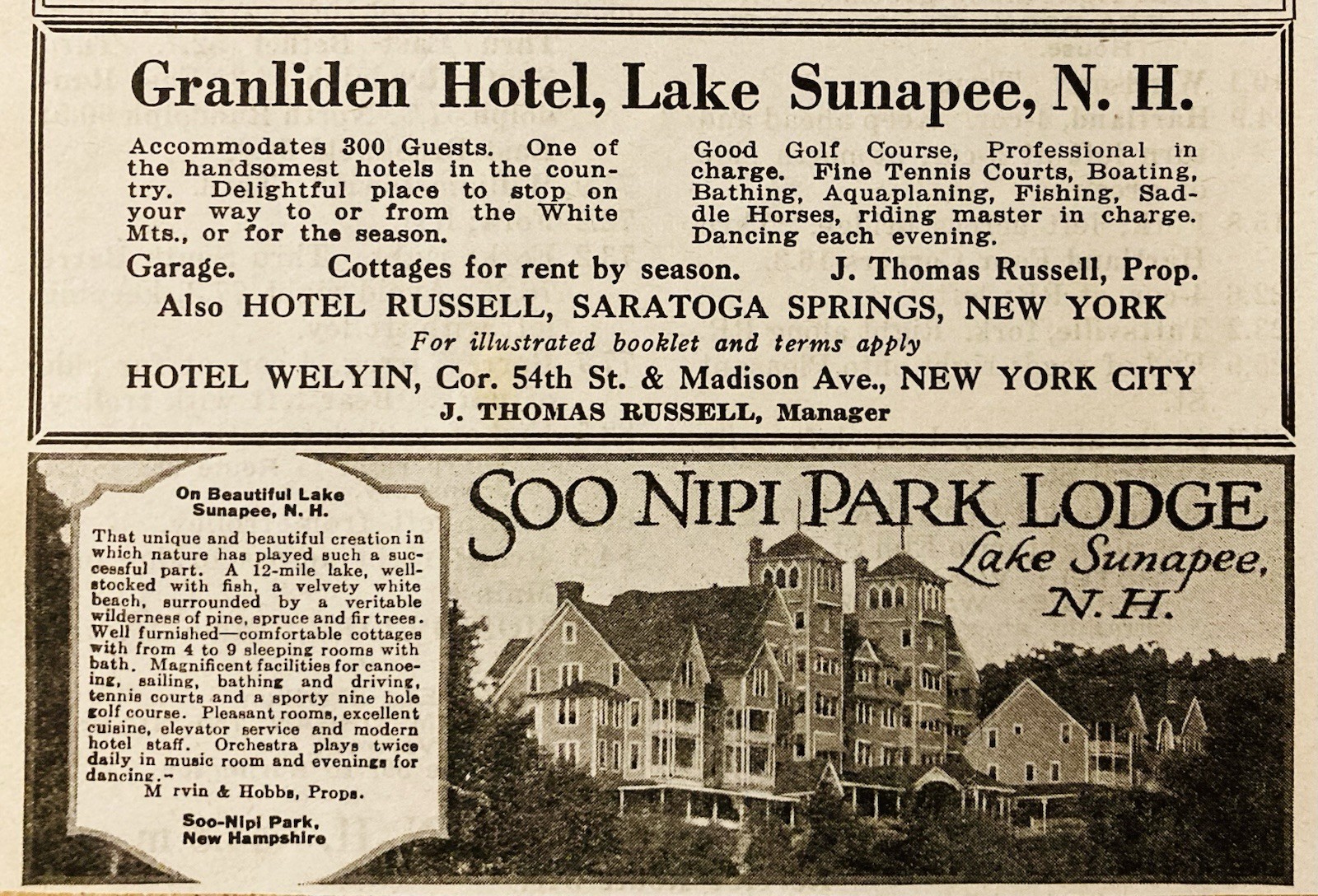 1922 AD.(PC8)~SOO NIPI PARK LODGE, LAKE SUNAPEE, NH. AND GRANLIDEN HOTEL
