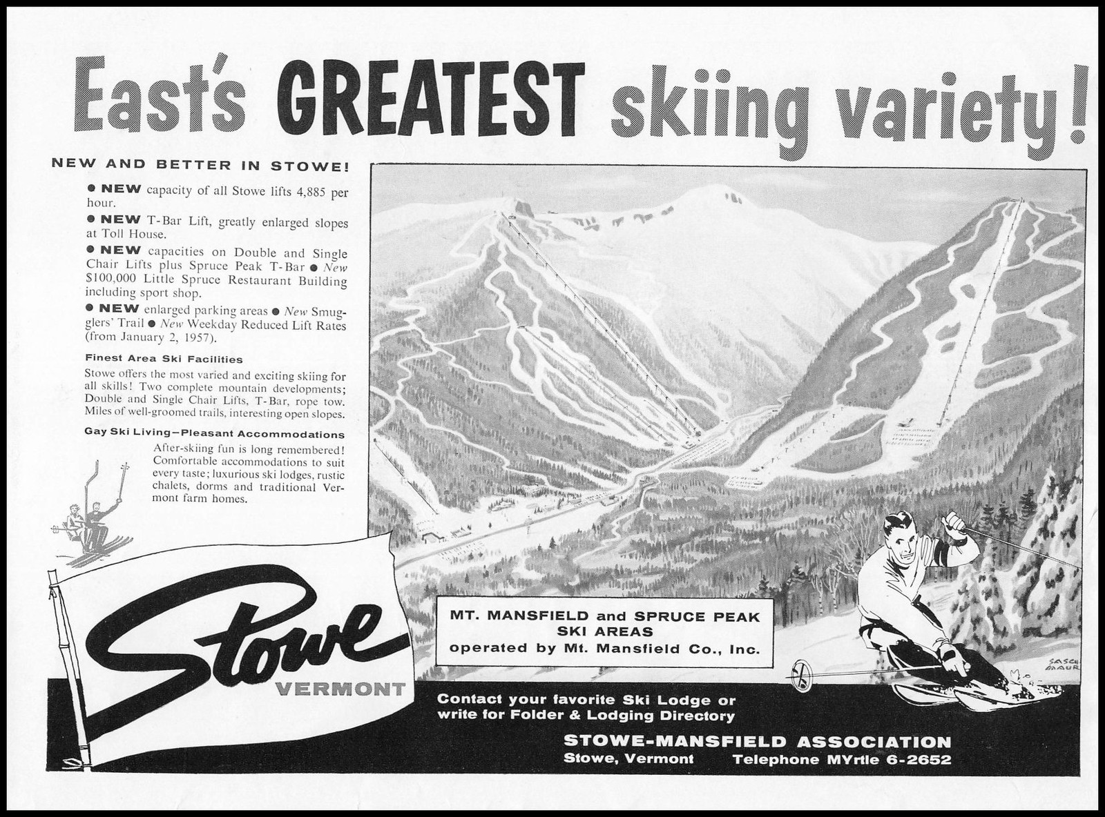 1957 Stowe Mansfield Vermont Ski Resort East’s Greatest Skiing Variety Print Ad