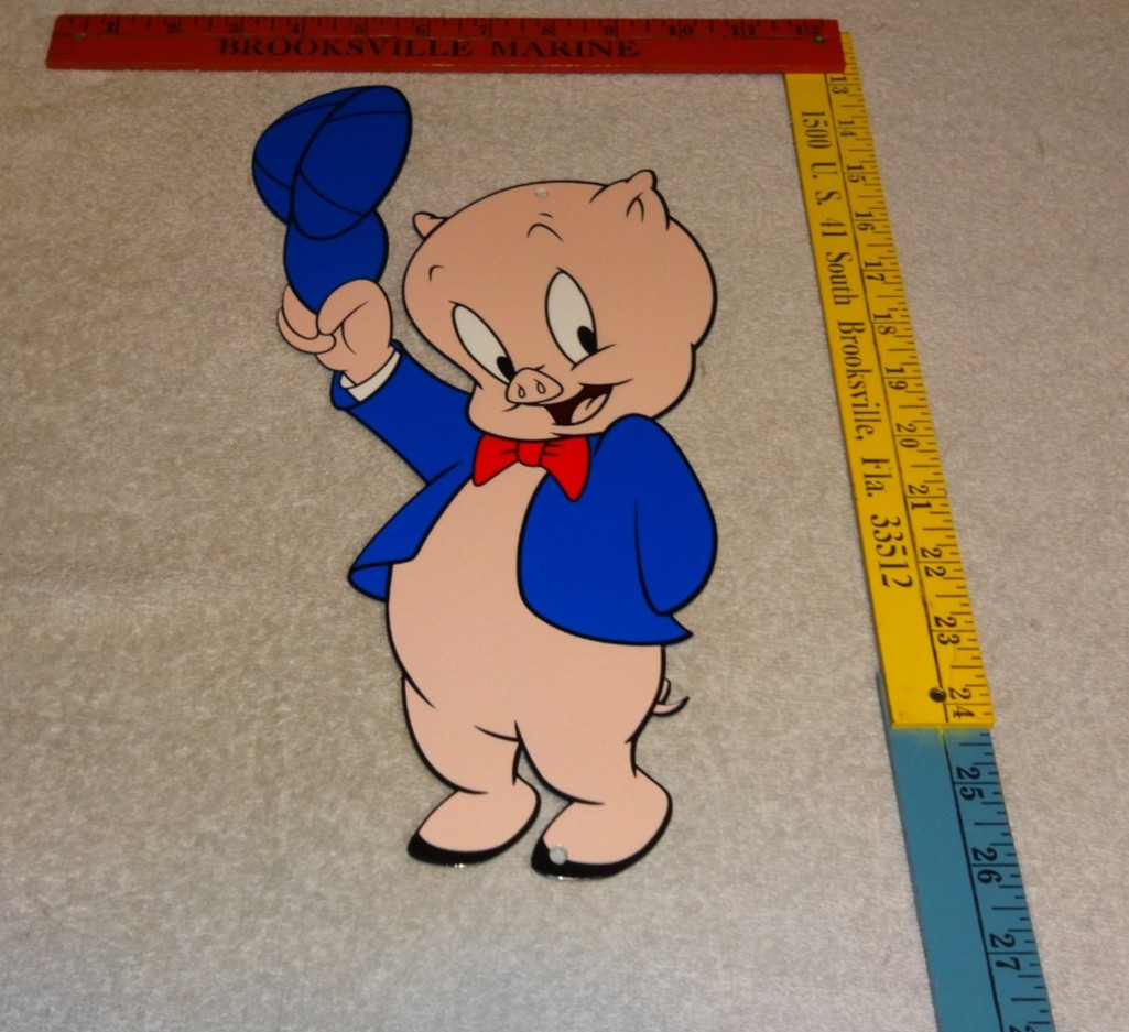 VINTAGE PORKY PIG DIE-CUT ENAMEL METAL MERRY MELODIES LOONEY TUNES CARTOON SIGN!