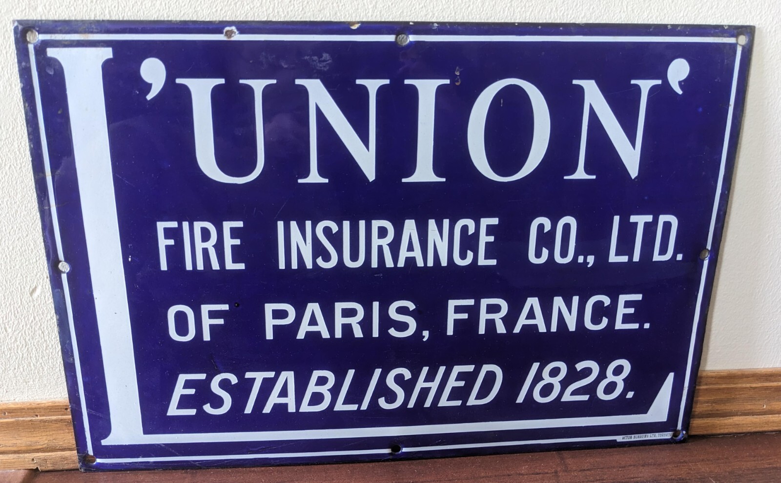 1900 L’Union Fire Insurance Porcelain Sign Paris France 1828 12×18 Cobalt Rare