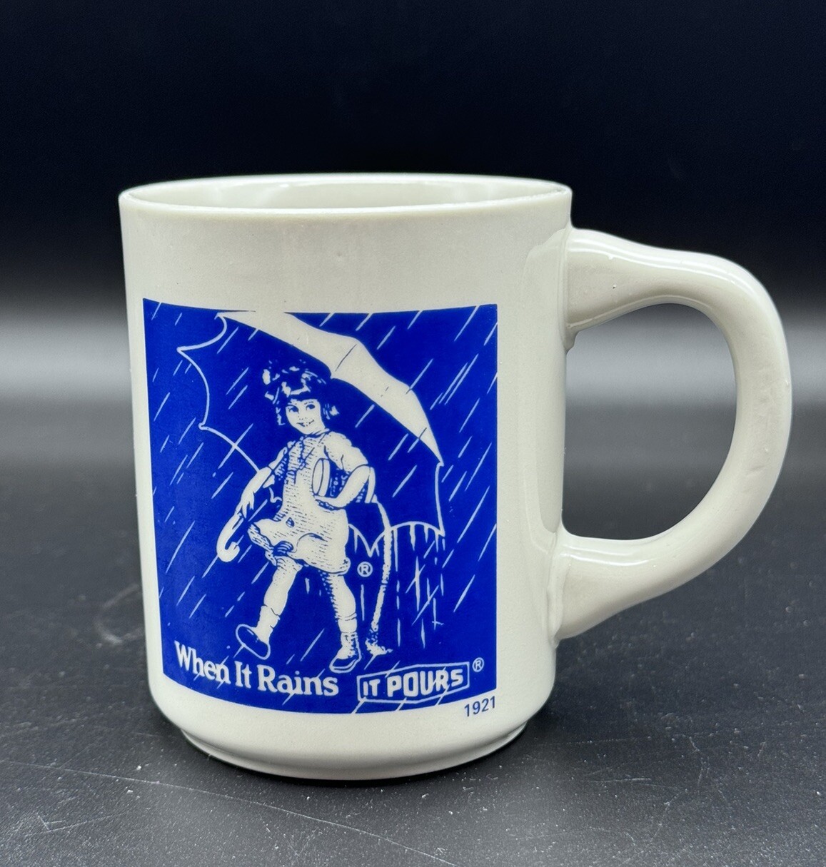 MORTON SALT Mug 8oz Logo When It Rains It Pours 1921 Vintage