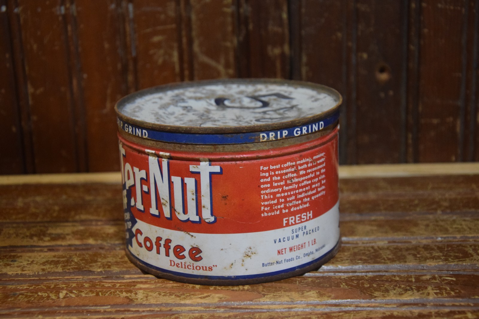 BUTTER-NUT COFFEE PAINTED COFFEE 1LB TIN CAN SIGN VINTAGE 1960s NEBRASKA OMAHA