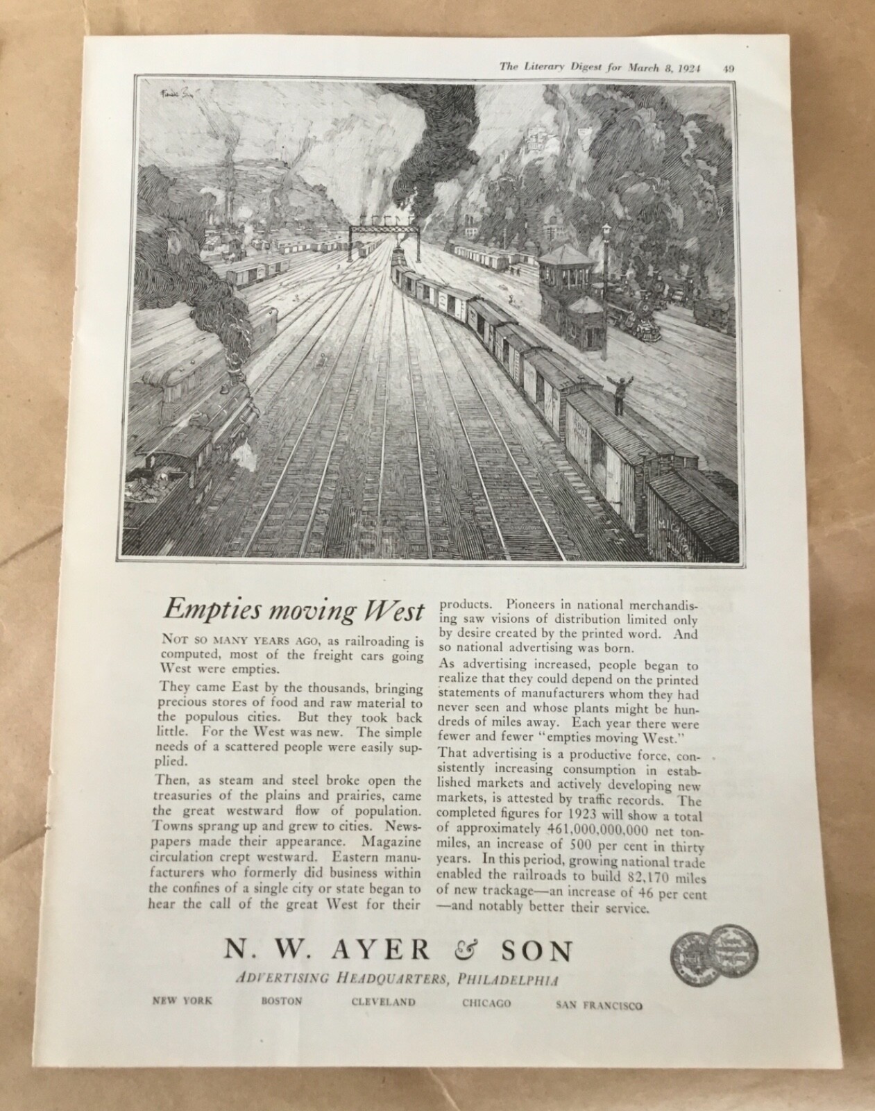 N.W. Ayer & Son advertising print ad 1924 orig vintage retro illus art trains