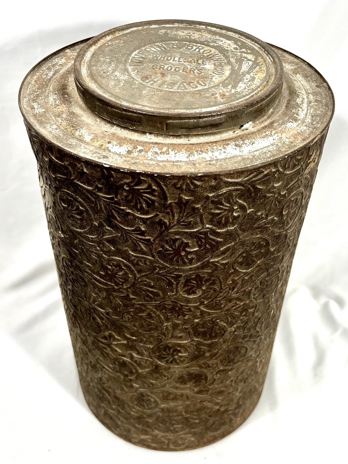 Antique Loverin Browne Co Wholesale Grocers Embossed Tin Coffee Canister Bin 14”