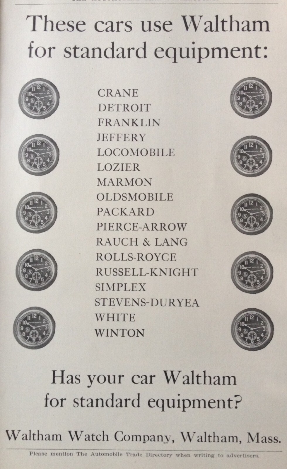 1914 AD(K23)~WALTHAM WATCH CO. WALTHAM, MASS. STANDARD EQUIPMENT FOR CARS