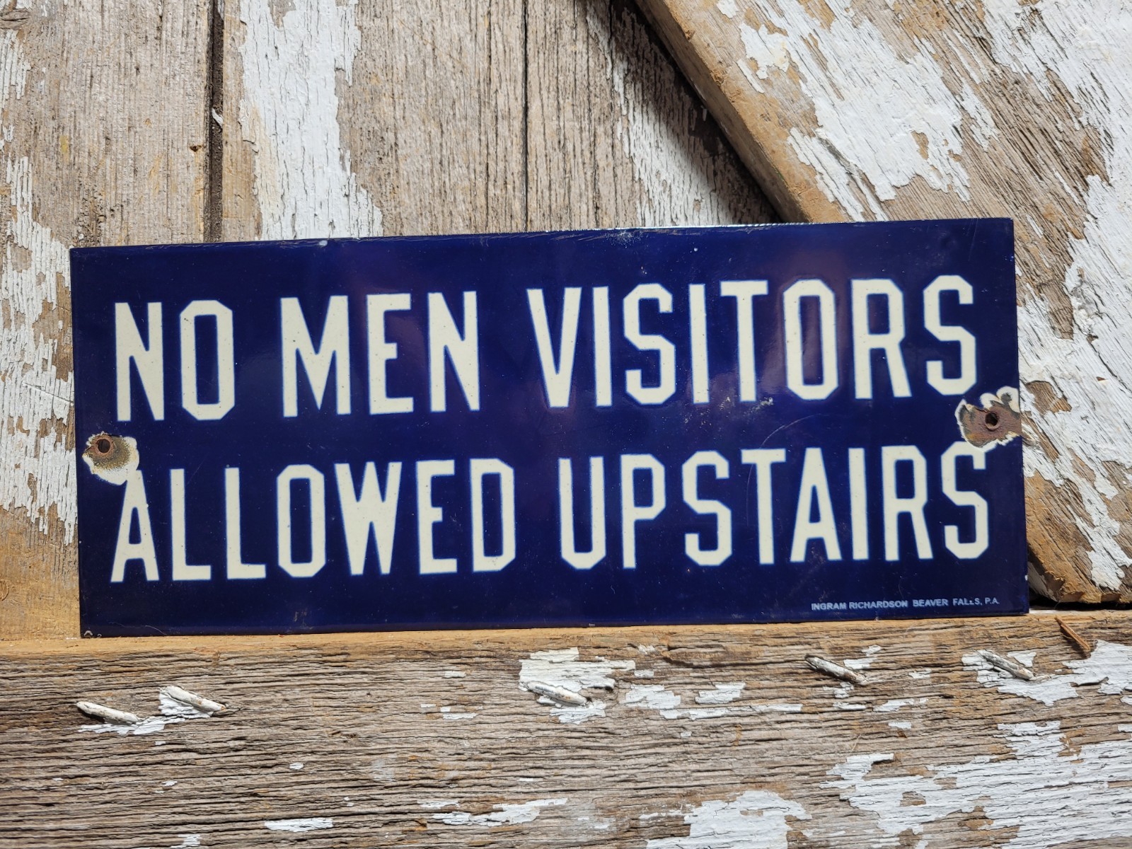 VINTAGE BROTHEL PORCELAIN SIGN OLD HOTEL NO MEN ALLOWED UPSTAIRS SAILOR NAVY USA