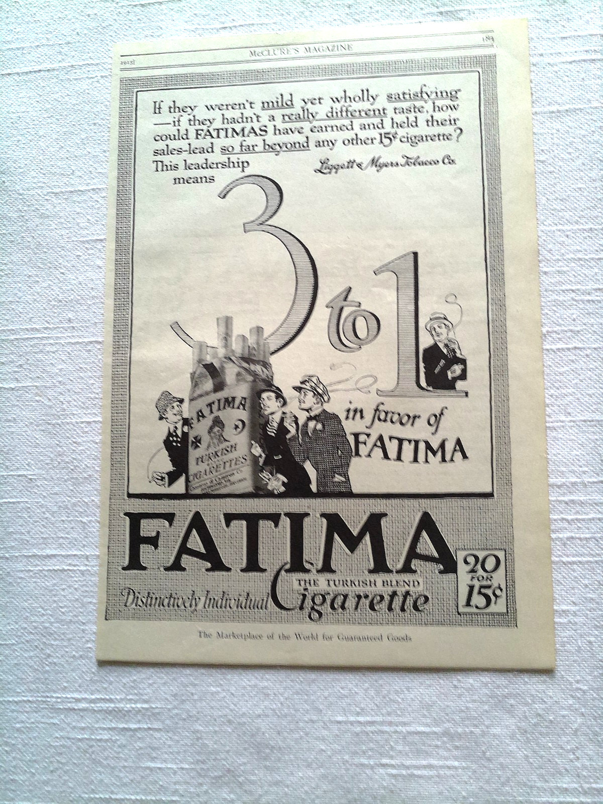 1915 Fatima Cigarette Ad Liggett & Myers Tobacco Co. 3 to 1 in Favor of Fatima
