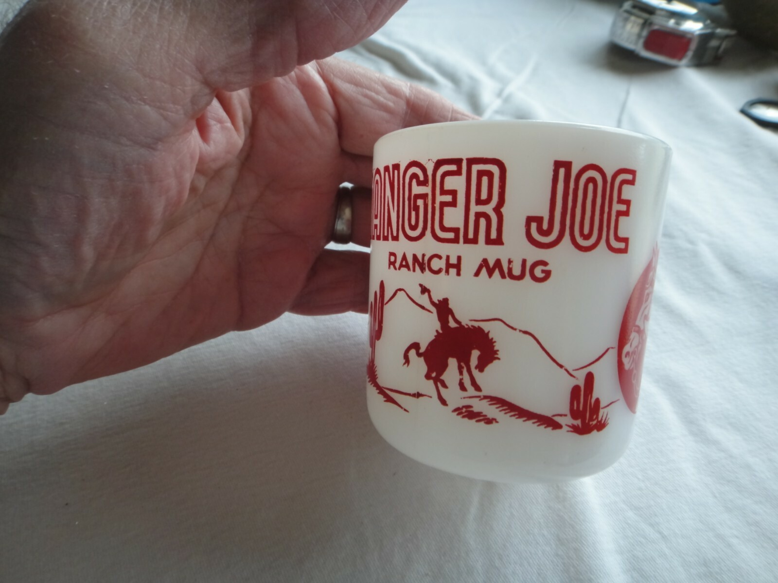 Vintage MILK GLASS RANGER JOE HAZEL ATLAS KID’S MUG EXC READ