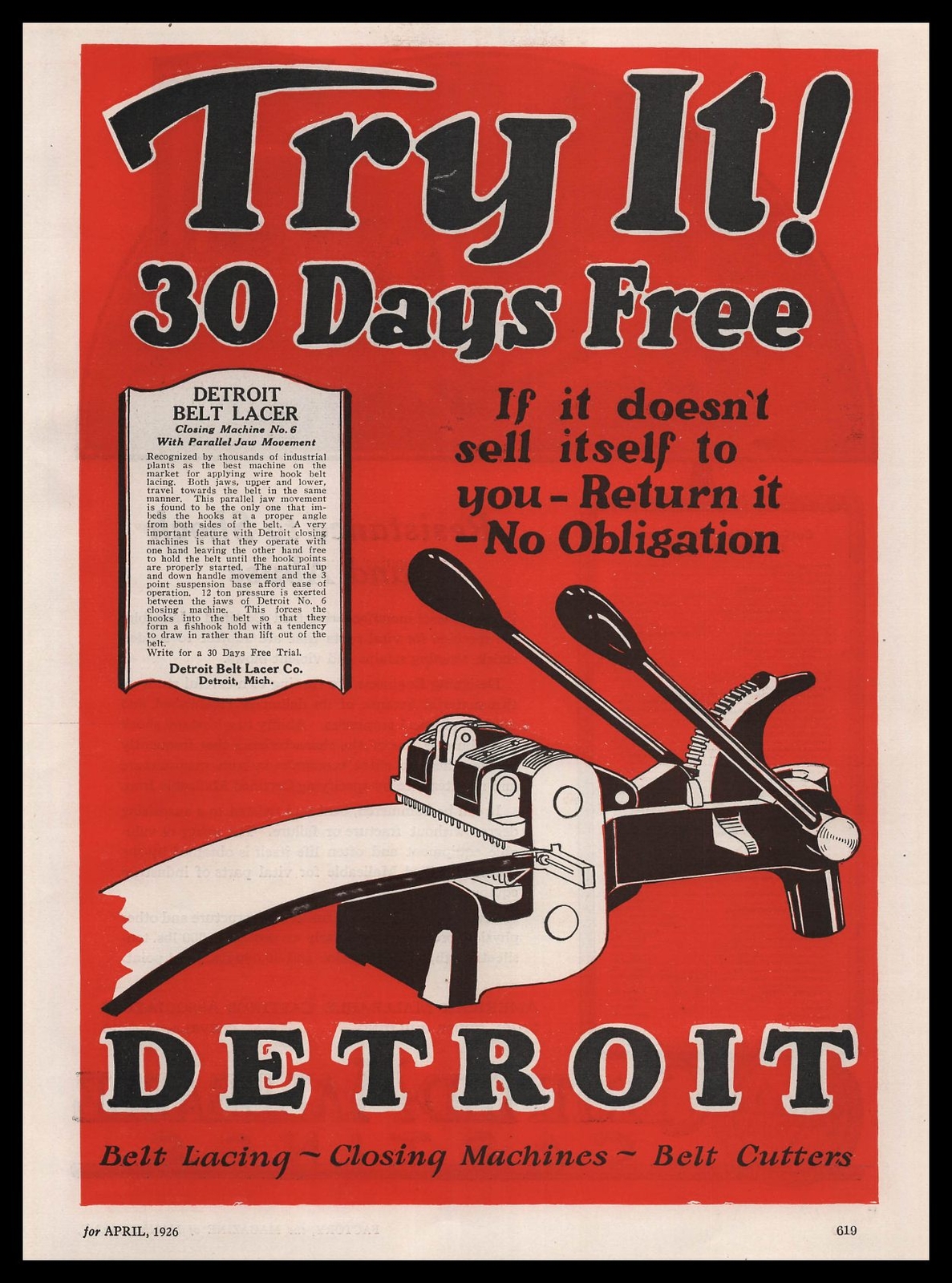 1926 Detroit Belt Lacer Michigan Closing Machine “Try It 30 Days Free!” Print Ad