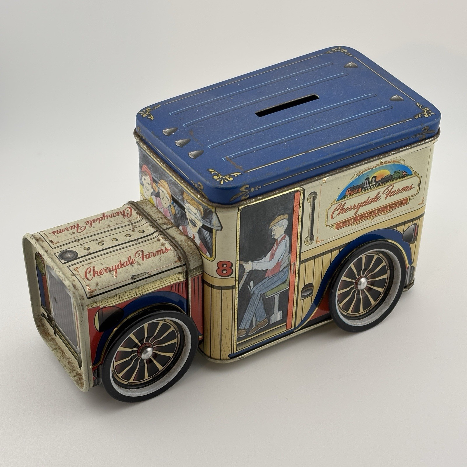 Vintage Cherrydale Farms Tin Truck Coin Bank Metal Vehicle Box Nobel Hall