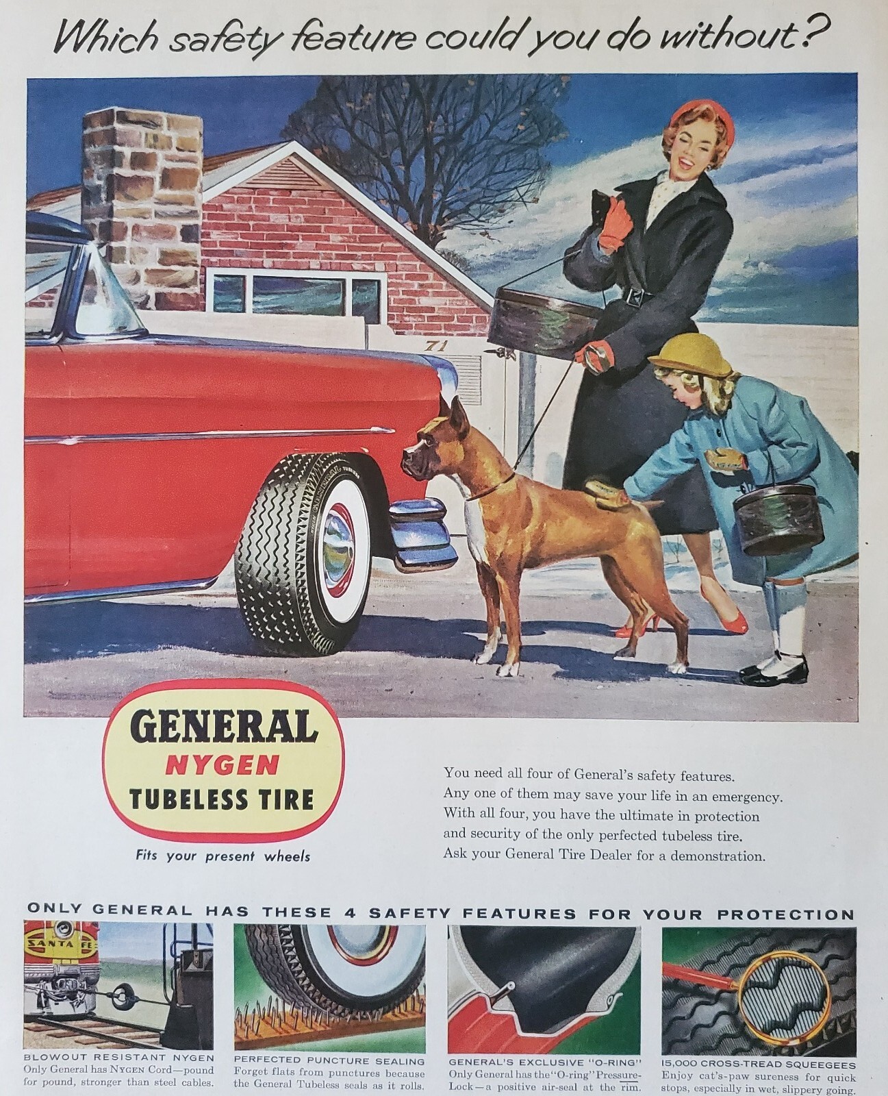 1955 General Tires Nygen Tubeless Boxer Dog Family Safety Vintage Print Ad