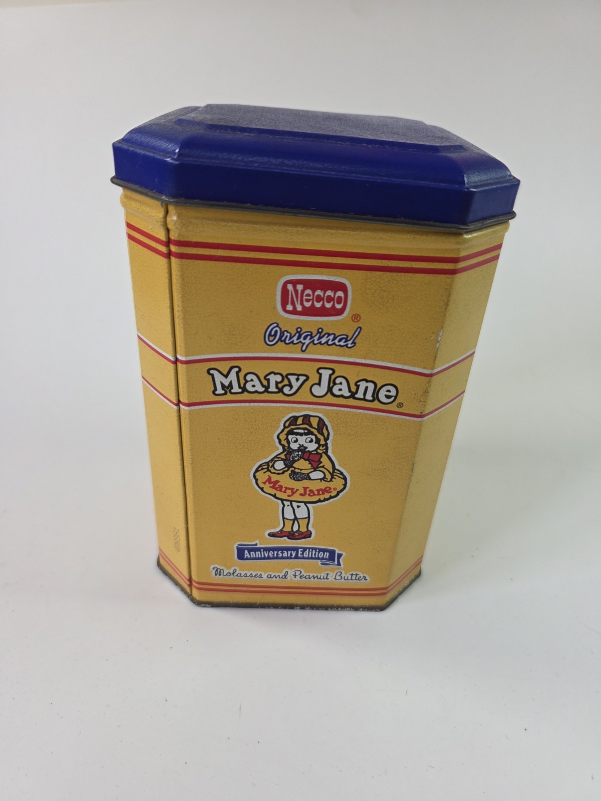 Empty 10 OZ. Necco Original Mary Jane Anniversary Edition Tin Molasses Peanut