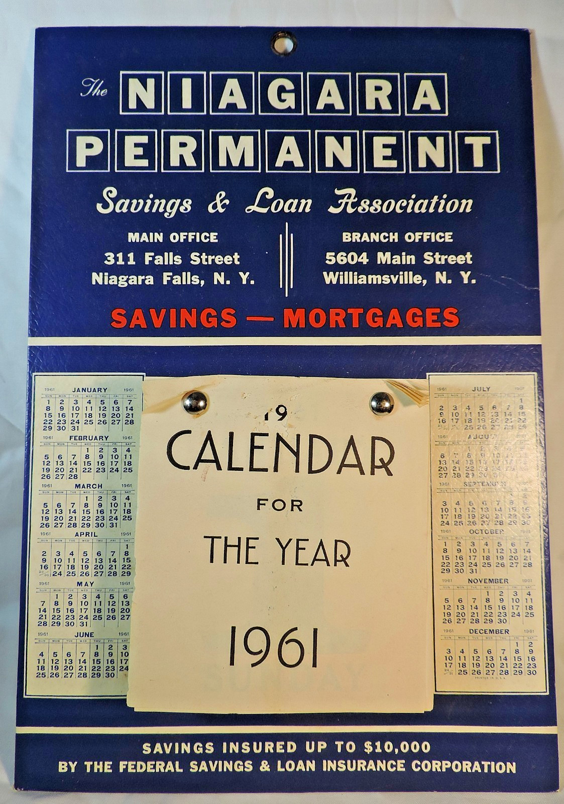 1961 Niagara Permanent Savings + Loan Bank Advertising Sign w/ Tear Off Calendar