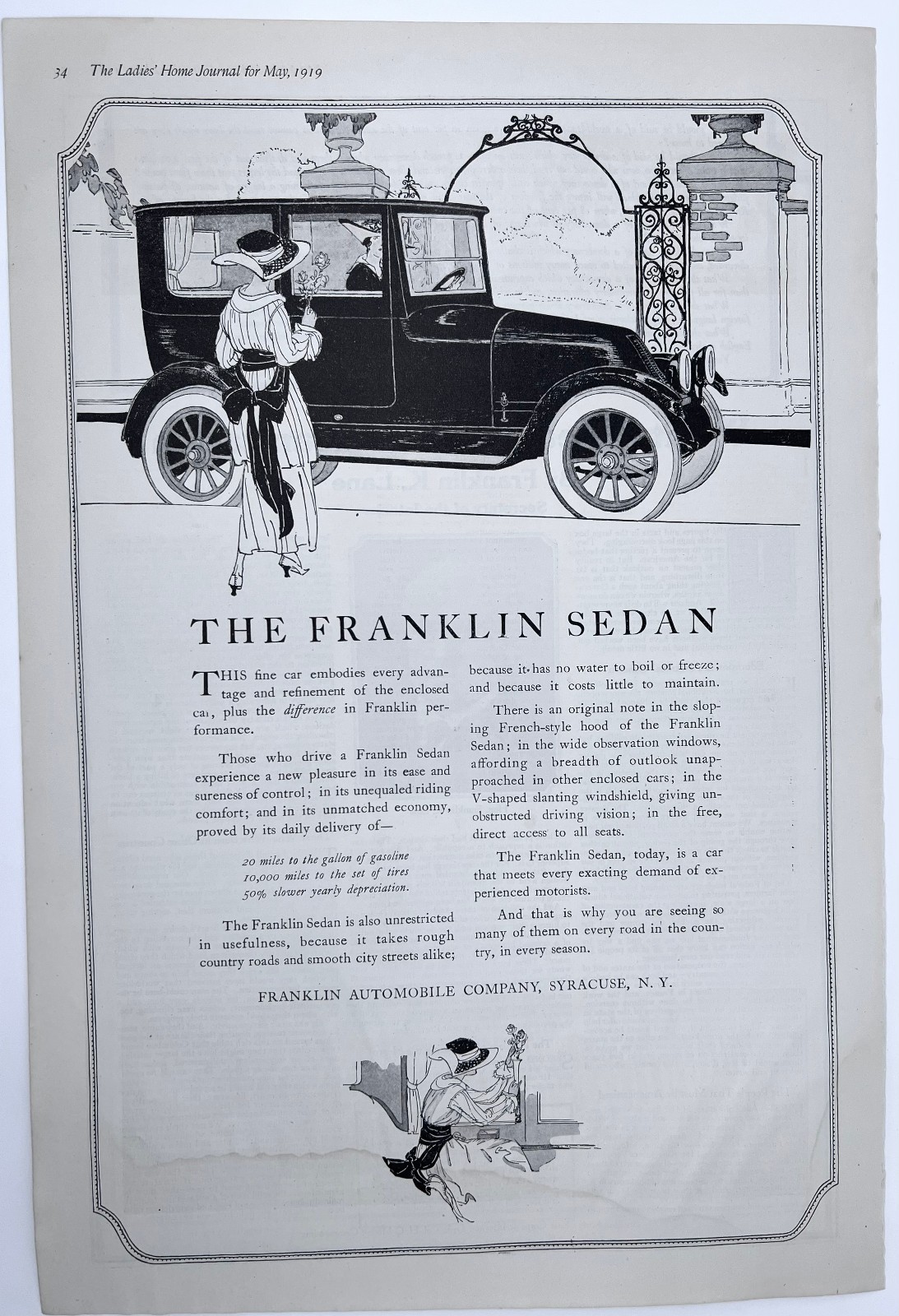 Magazine 1919 Ad Franklin Sedan Car Ladies Home Journal 16x11in Antique