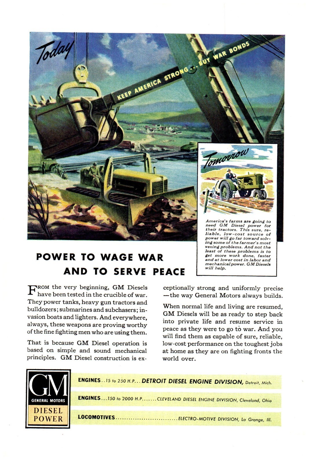 GM Diesel Power Equipment Bulldozer Shovel Tractor WWII 1944 Print Ad 6.75″x10″