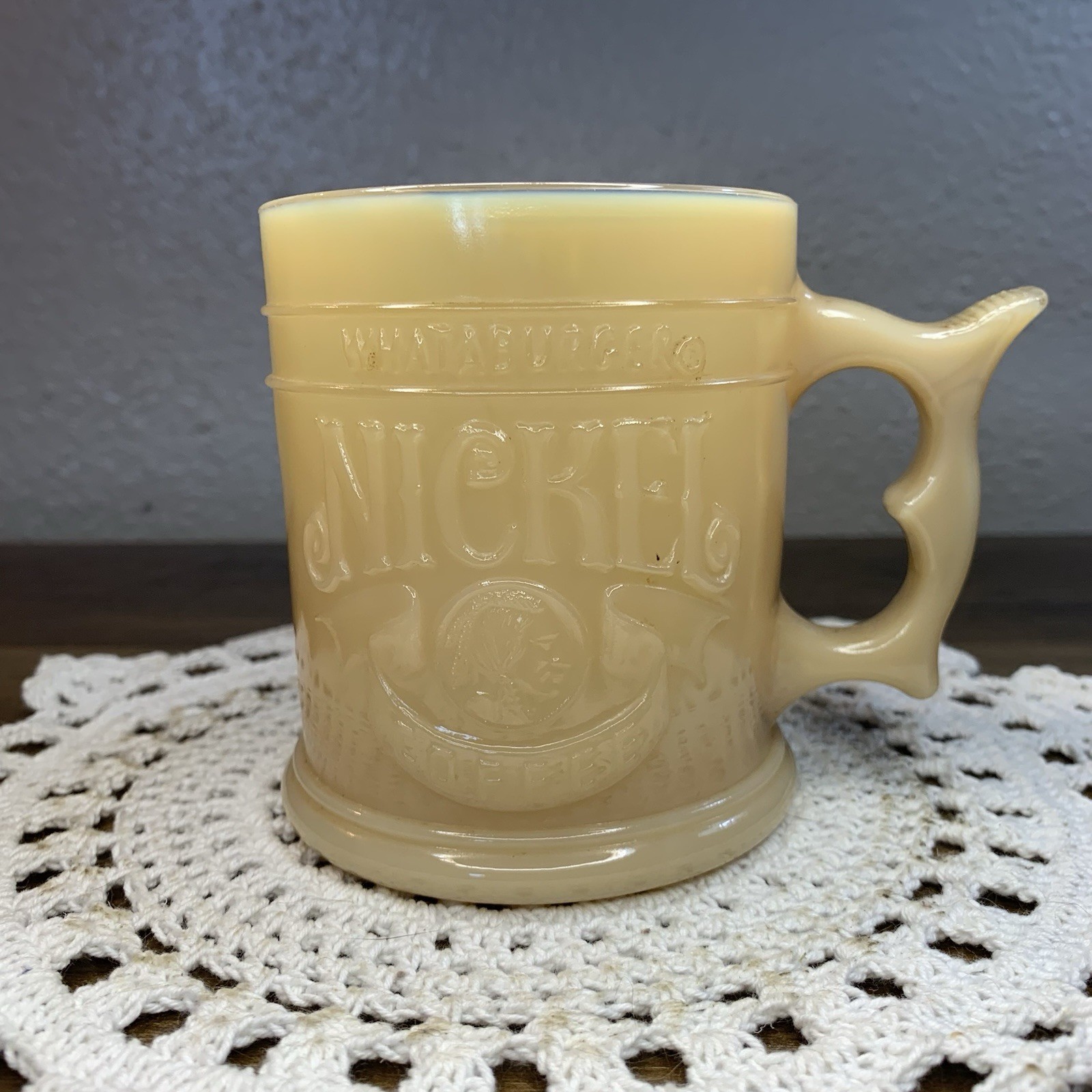 Vintage Whataburger Buffalo Nickel Coffee Mug Butterscotch Milk Glass Pistol