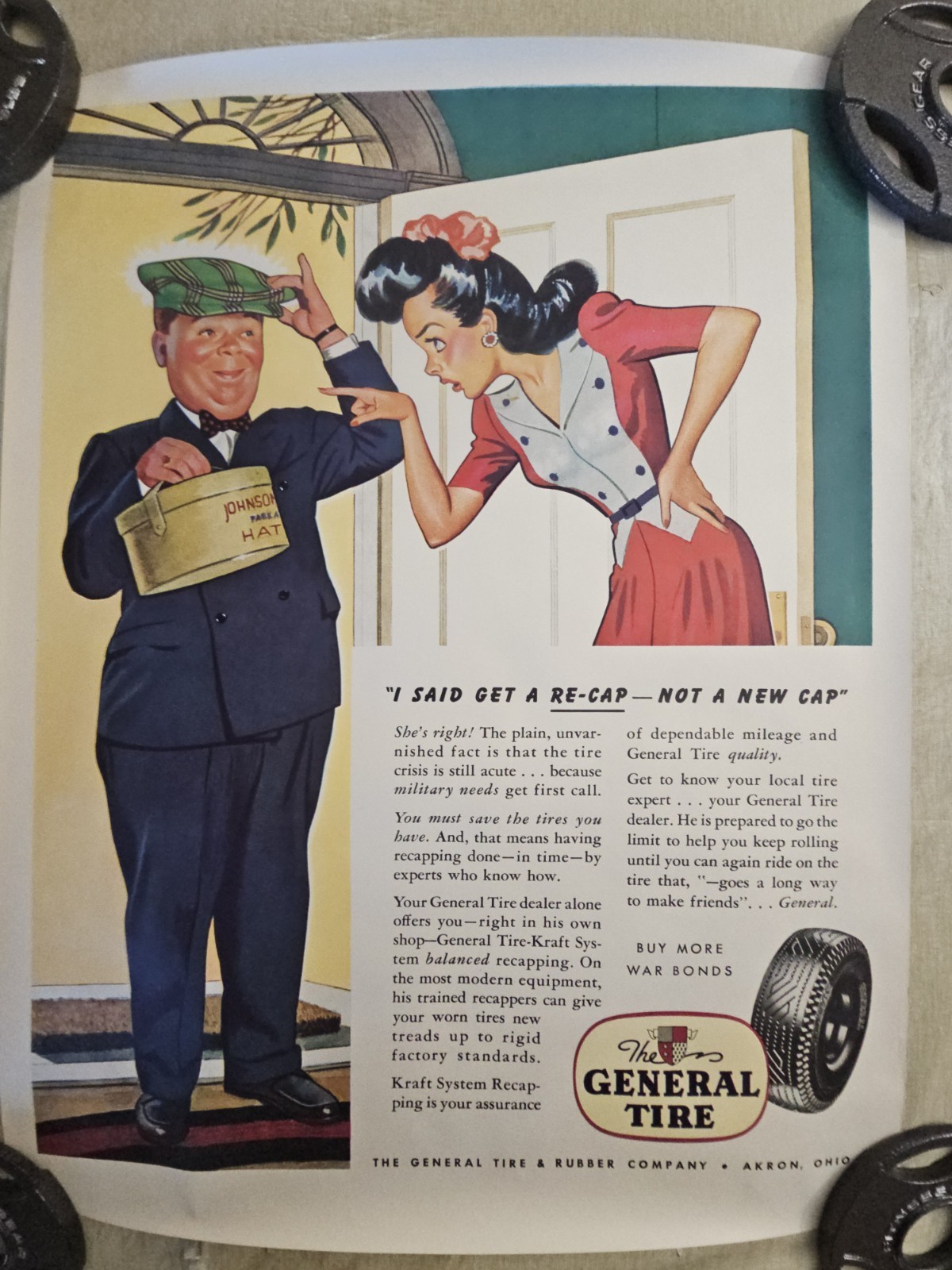 Vintage WWII General Tire Advertising Poster Akron Ohio War Bonds 32×24”
