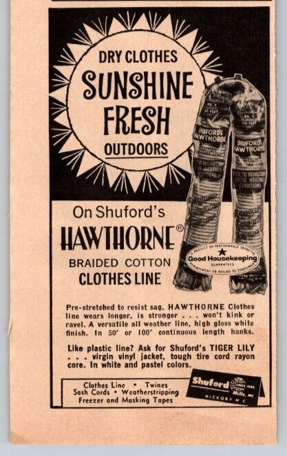 1964 Print Ad Shuford Mills Hickory NC Hawthorne Clothes LIne Dry Clothes
