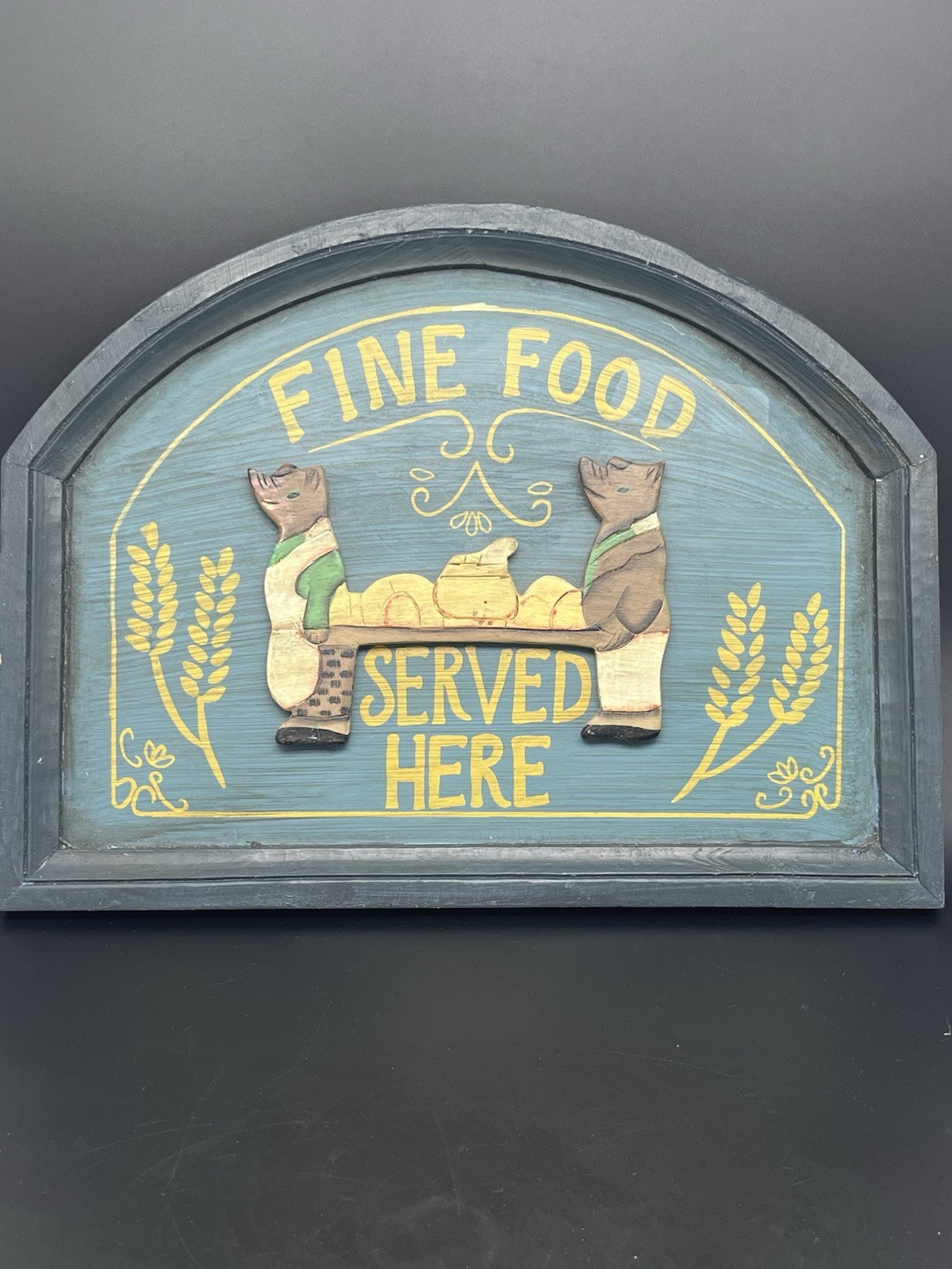 Antique Reproduction Wood Hand Painted Carved Shop Sign Fine Food Served 12”X16”