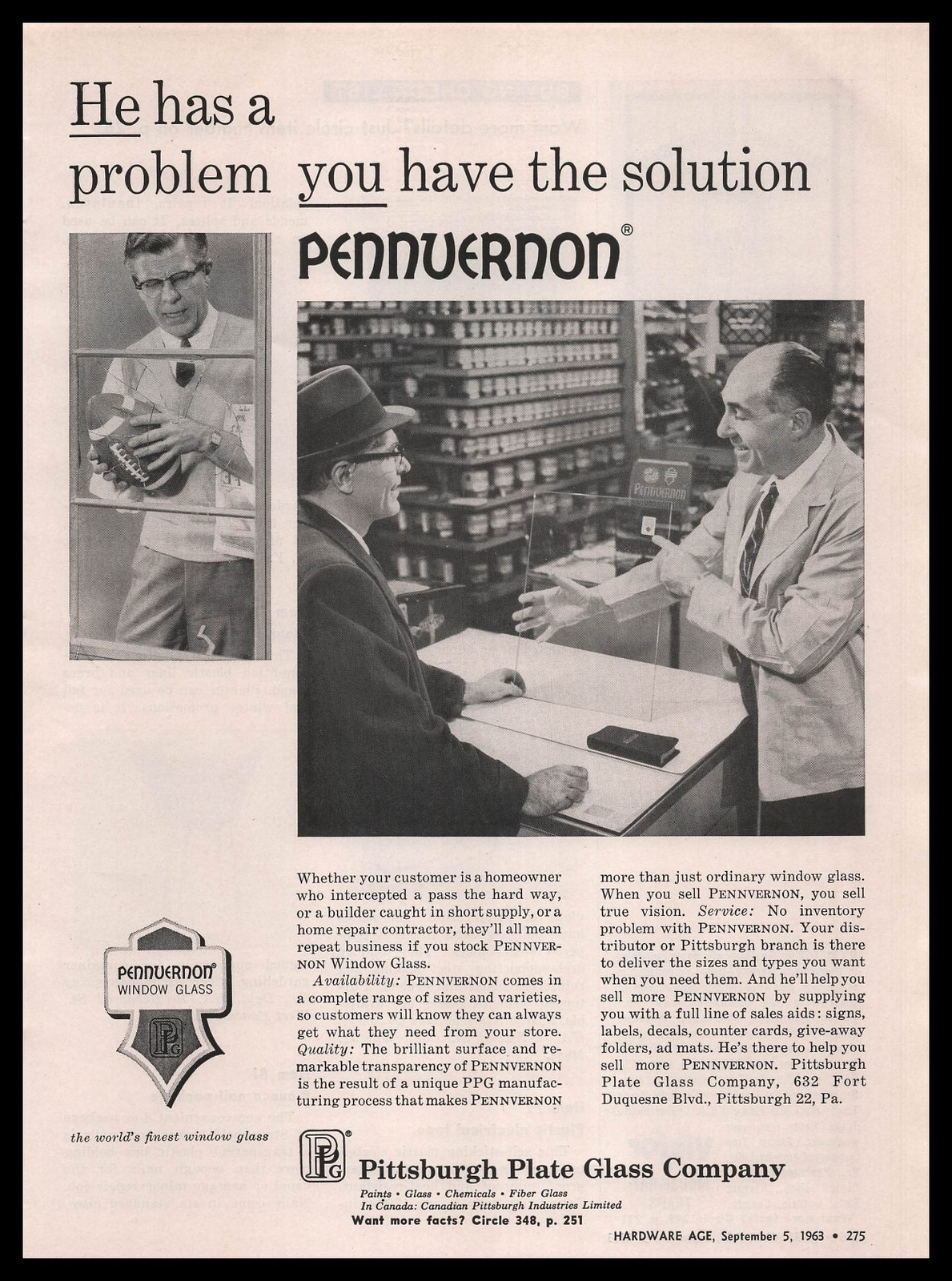 1963 Pennvernon Window Glass Photo Football Breaks Windows PPG Vintage Print Ad
