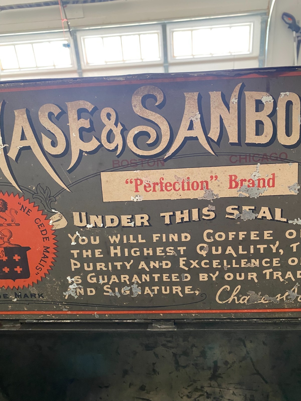 primitive mercantile box Chase & Sanborn’s coffee metal display storage counter