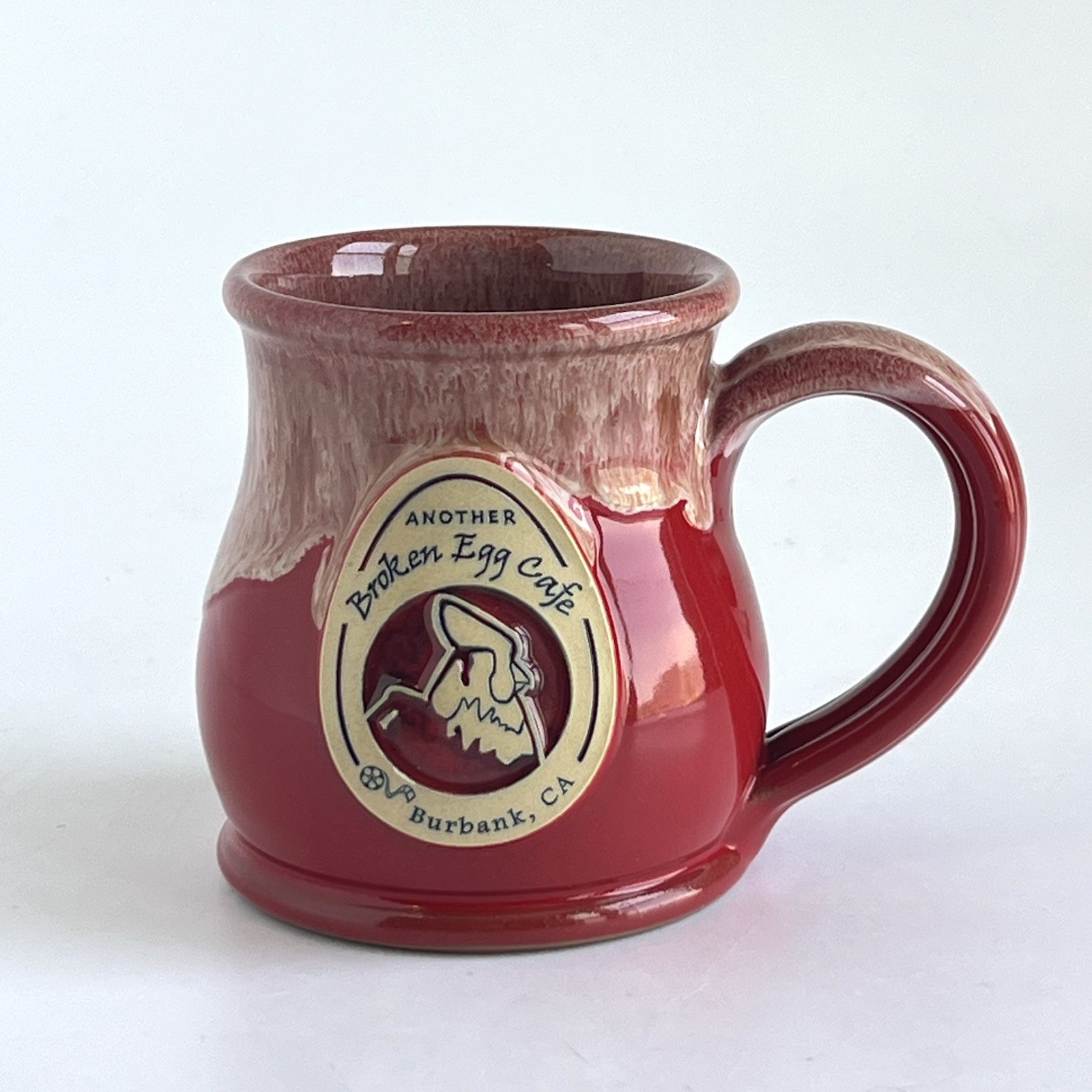 Deneen Pottery Broken Egg Cafe Burbank Ca Red Drip Glaze Coffee Mug 4”