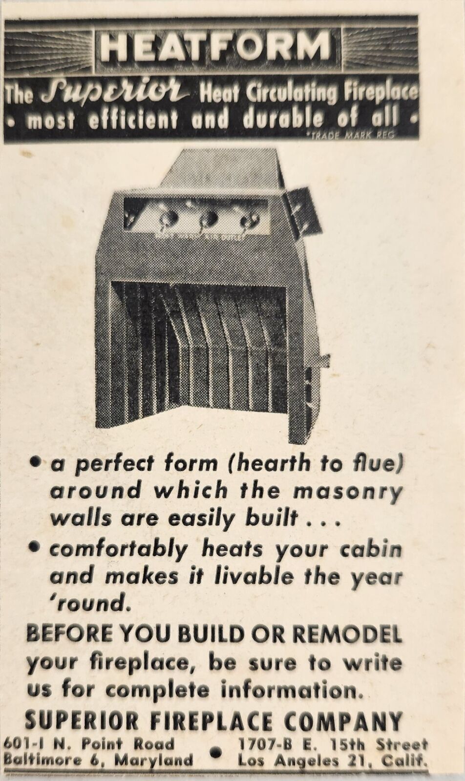 1949 Print Ad Superior Heatform Heat Circulating Fireplaces Baltimore,MD LA,CA