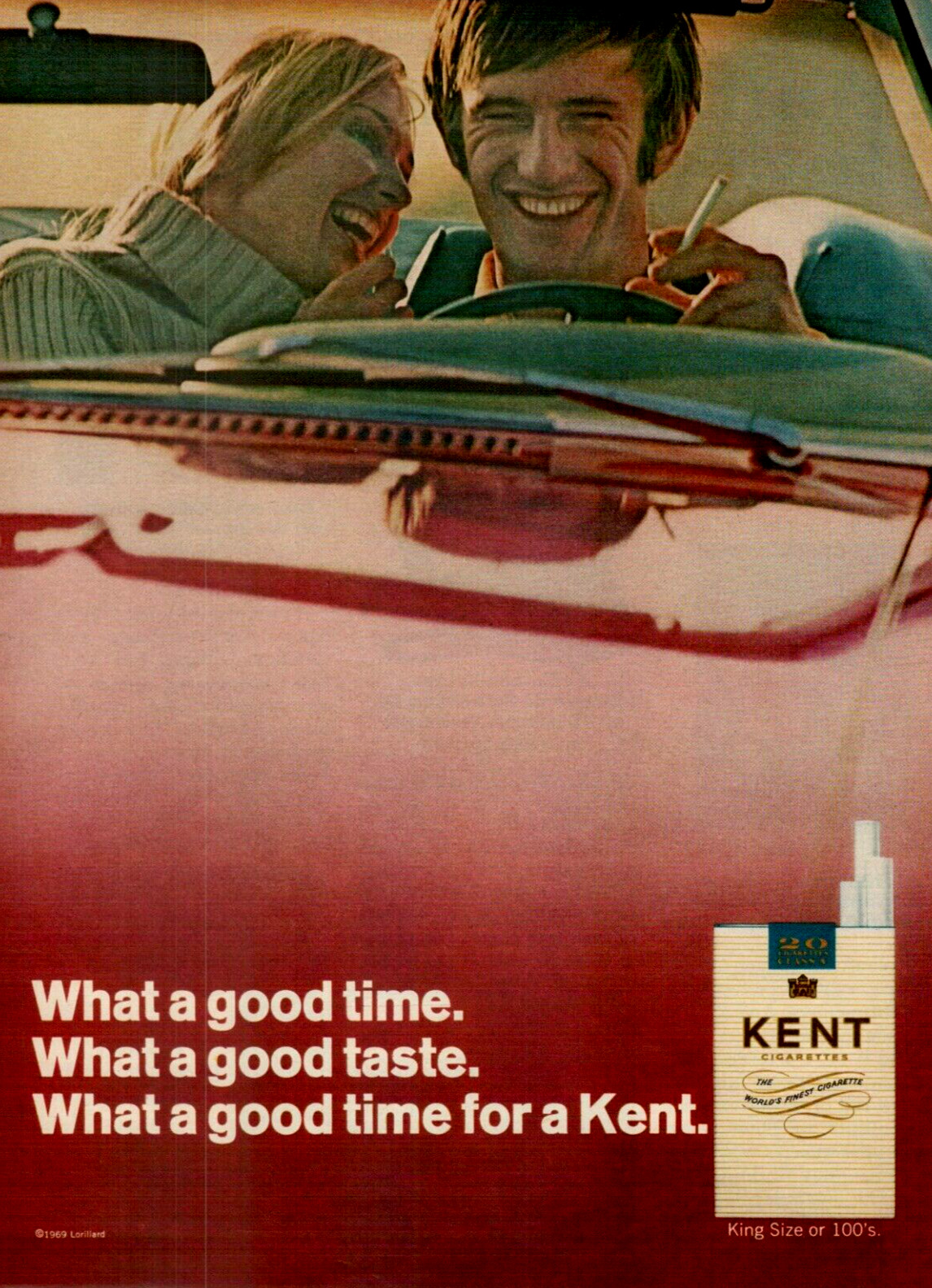 1969 Kent Cigarettes Couple Date Red Convertible Good Time VINTAGE PRINT AD