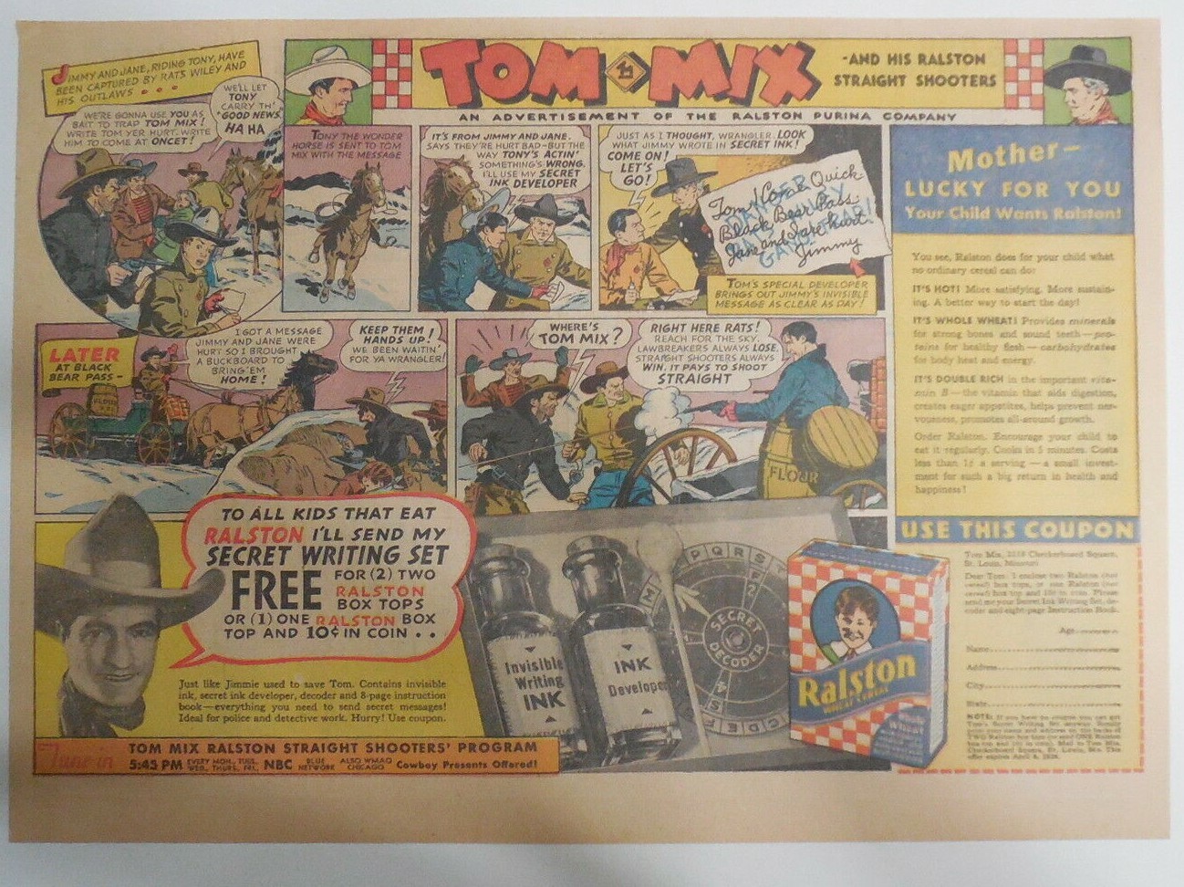 Ralston Cereal Ad: Tom Mix “Secret Writing Set” Premium 1938 Size:11 x 15 inches