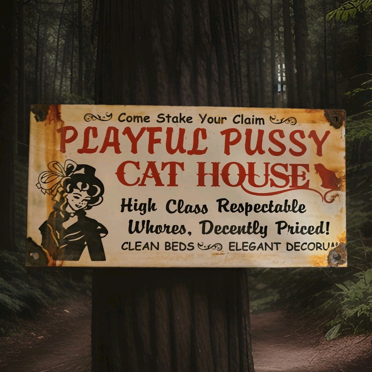 VINTAGE THE PLAYFUL PUSSY CAT HOUSE PORCELAIN SIGN BROTHEL LAS VEGAS NEVADA USA