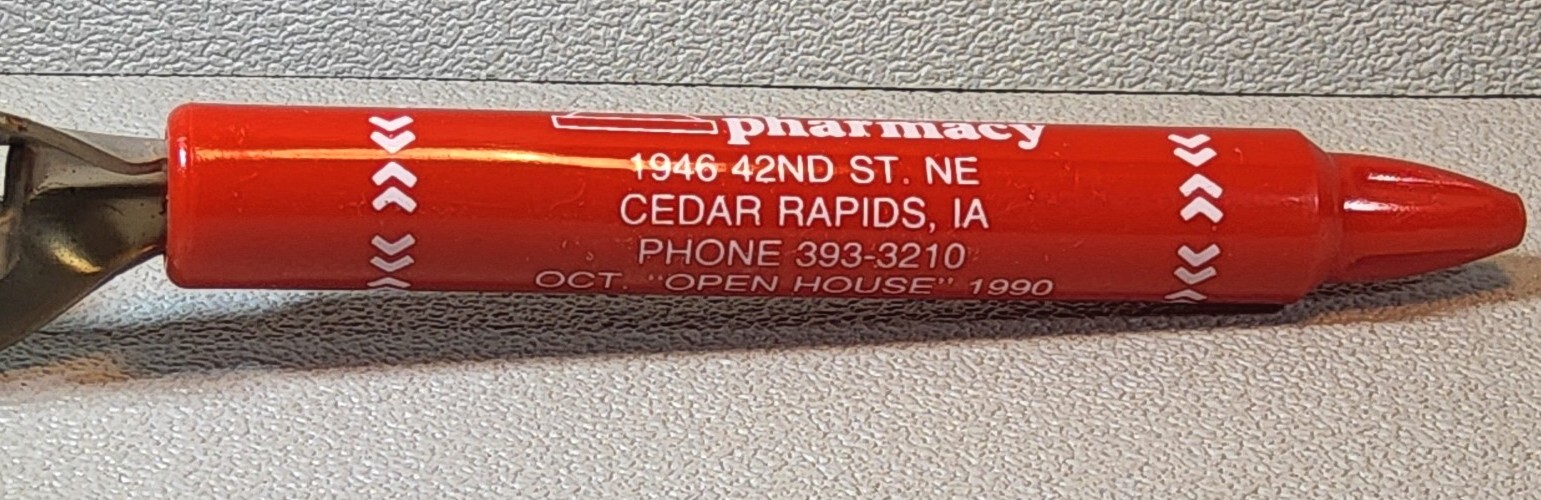 1990 Advertising Can, Bottle Opener – Clarks Pharmacy ~ Cedar Rapids, Iowa. CO-6