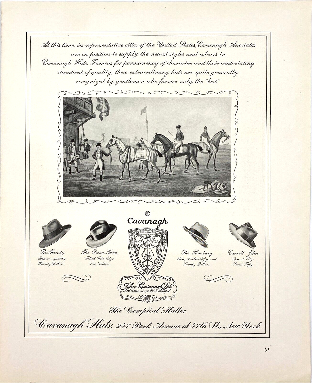 John Cavanagh Hats Park Avenue NY Horse Racing Homburg Hat 1941 Vintage Print Ad