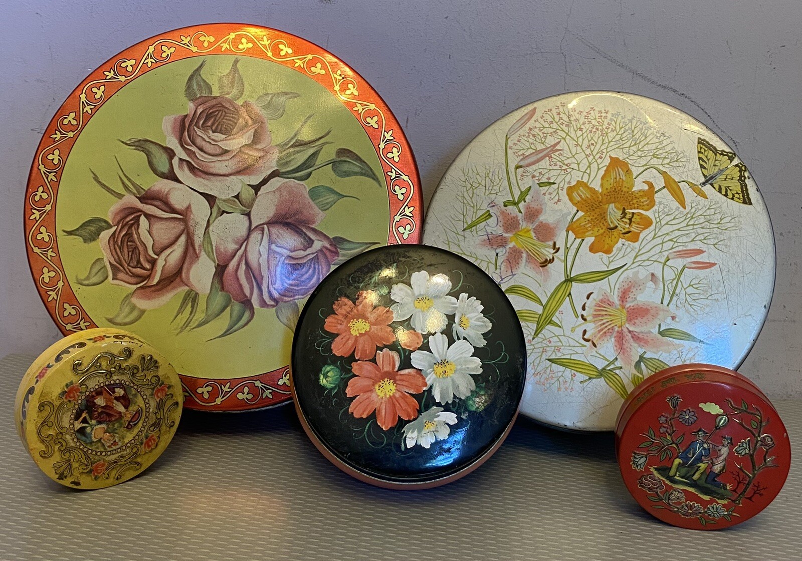 Vintage Antique Tin Candy Container Lot 5 Floral Rose Romantic Lovers Scenic Box