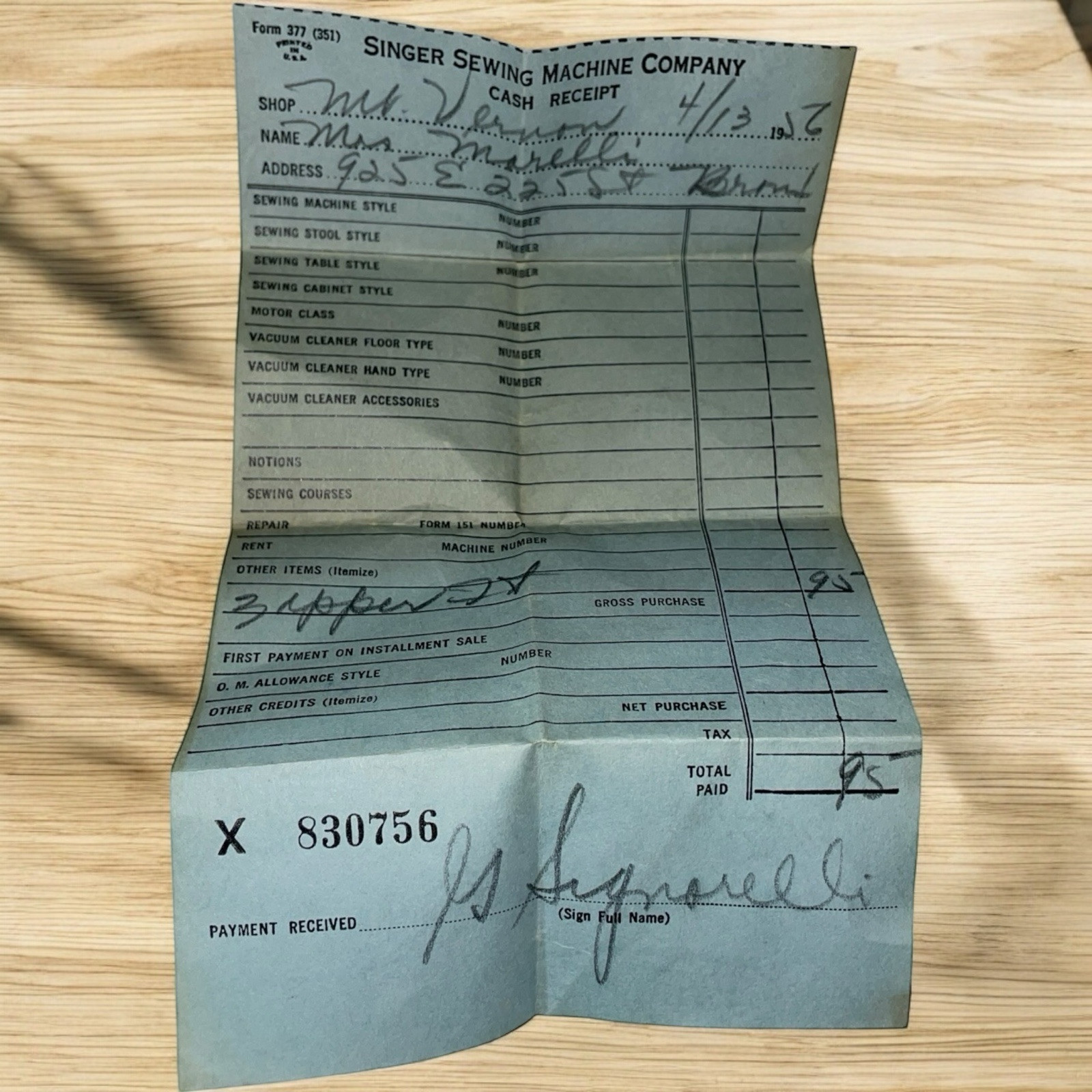 Vtg 1956 Singer Sewing Machine Co Blue Cash Receipt Bronx NY USA