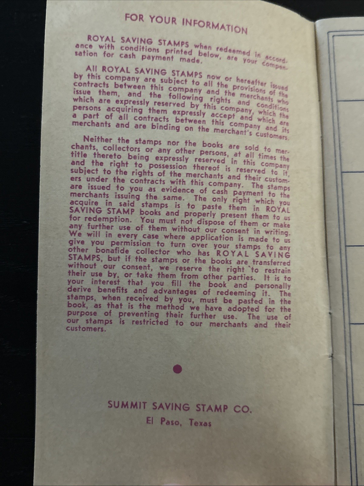 Royal Saving Stamp Redemption Book (Summit Saving Stamp Company) El Paso, Texas