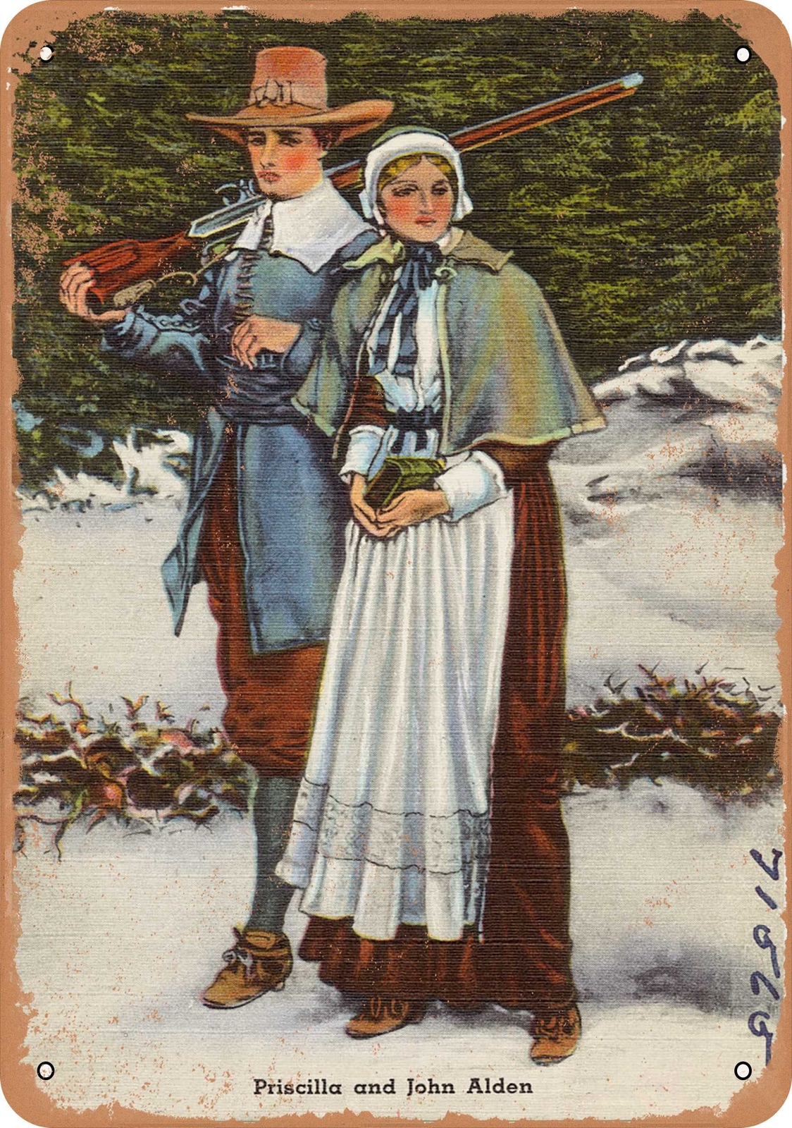 Metal Sign – Massachusetts Postcard – Priscilla and John Alden 1
