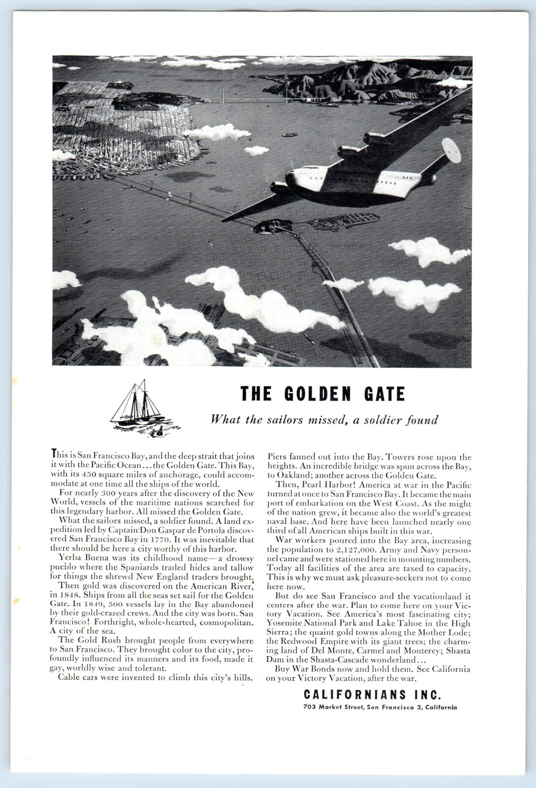 WWII California San Francisco Bay Golden Gate Bridge 1944 Print Ad 6.75×10″