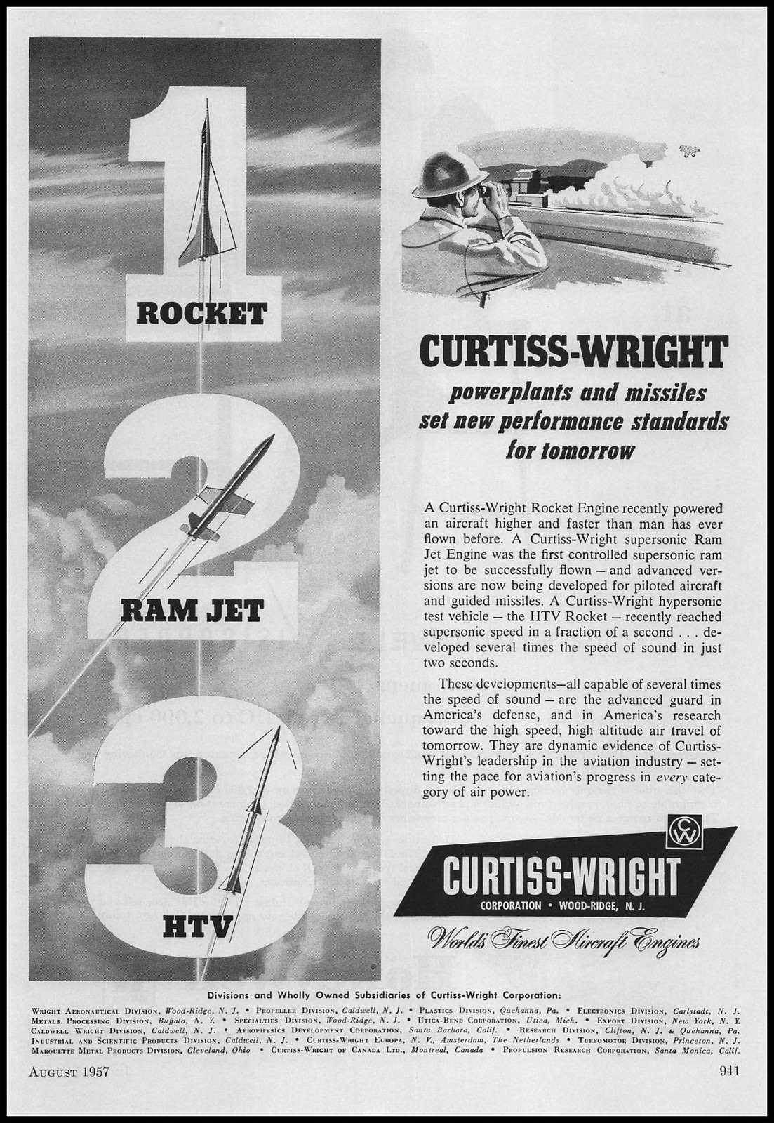 1957 Curtiss Wright Wood-Ridge NJ Rocket Ramjet HTV Powerplant Missiles Print Ad
