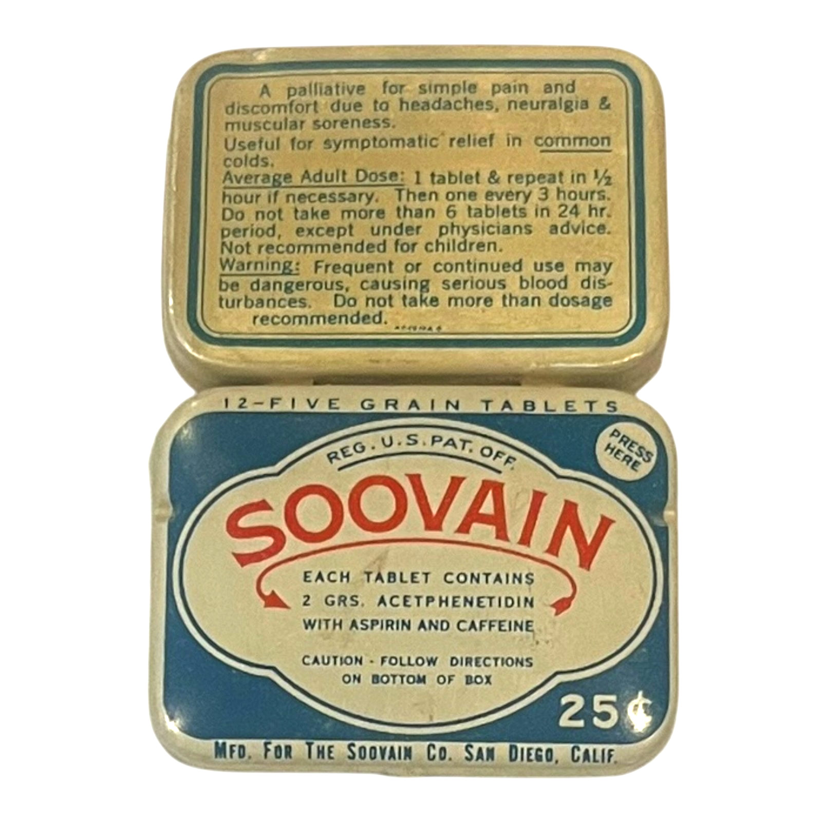 Rare Vintage Soovain Aspirin Caffeine Metal Tin Pocket Pill Drug Box Collectible