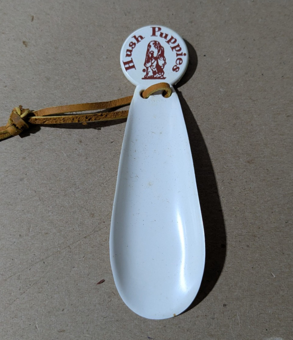 VTG White Plastic Hush Puppies Logo Emblem Advertising Shoe Horn Key Chain Strap