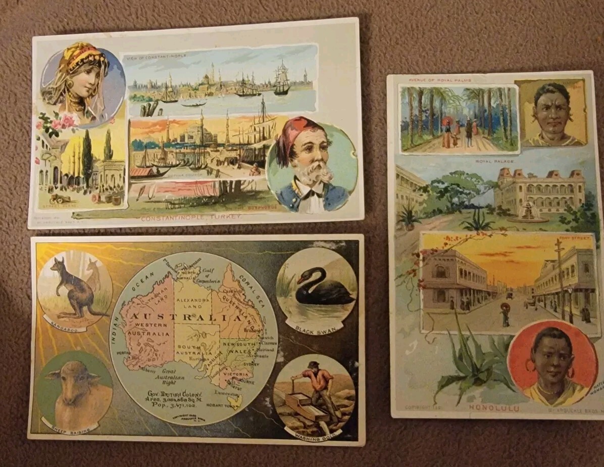 4 Vintage ARBUCKLE Bros Coffee ~ Australia Honolulu Turkey Alabama Trade Cards