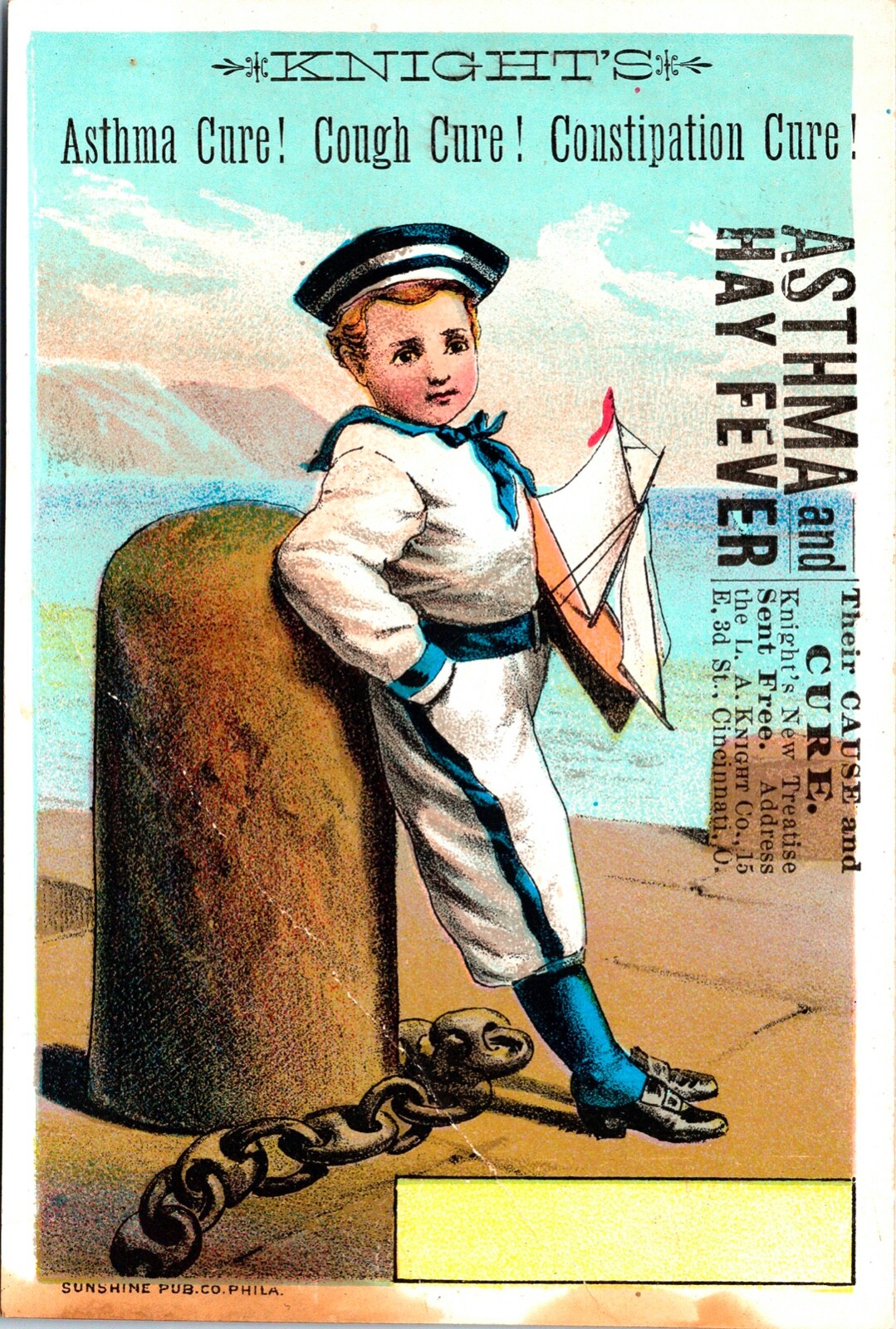 1880’s Vintage Knight’s Asthma Quack Remedy Trade Card Sailor Boy & Sailboat