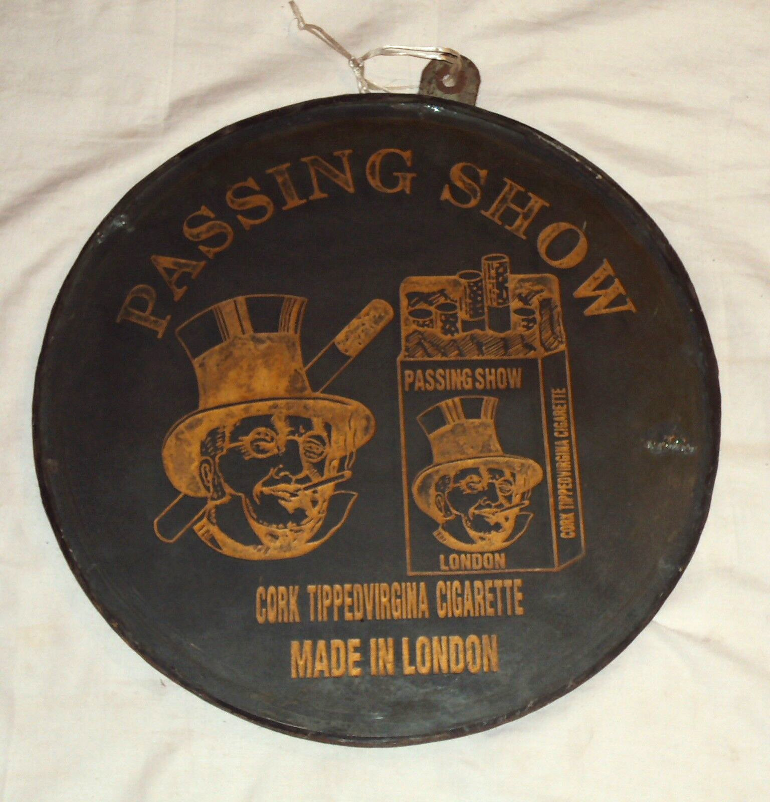 VINTAGE OLD ADVERTISE GLASS SIGN PASSING SHOW CIGARETTES LONDON CARVED ON GLASS