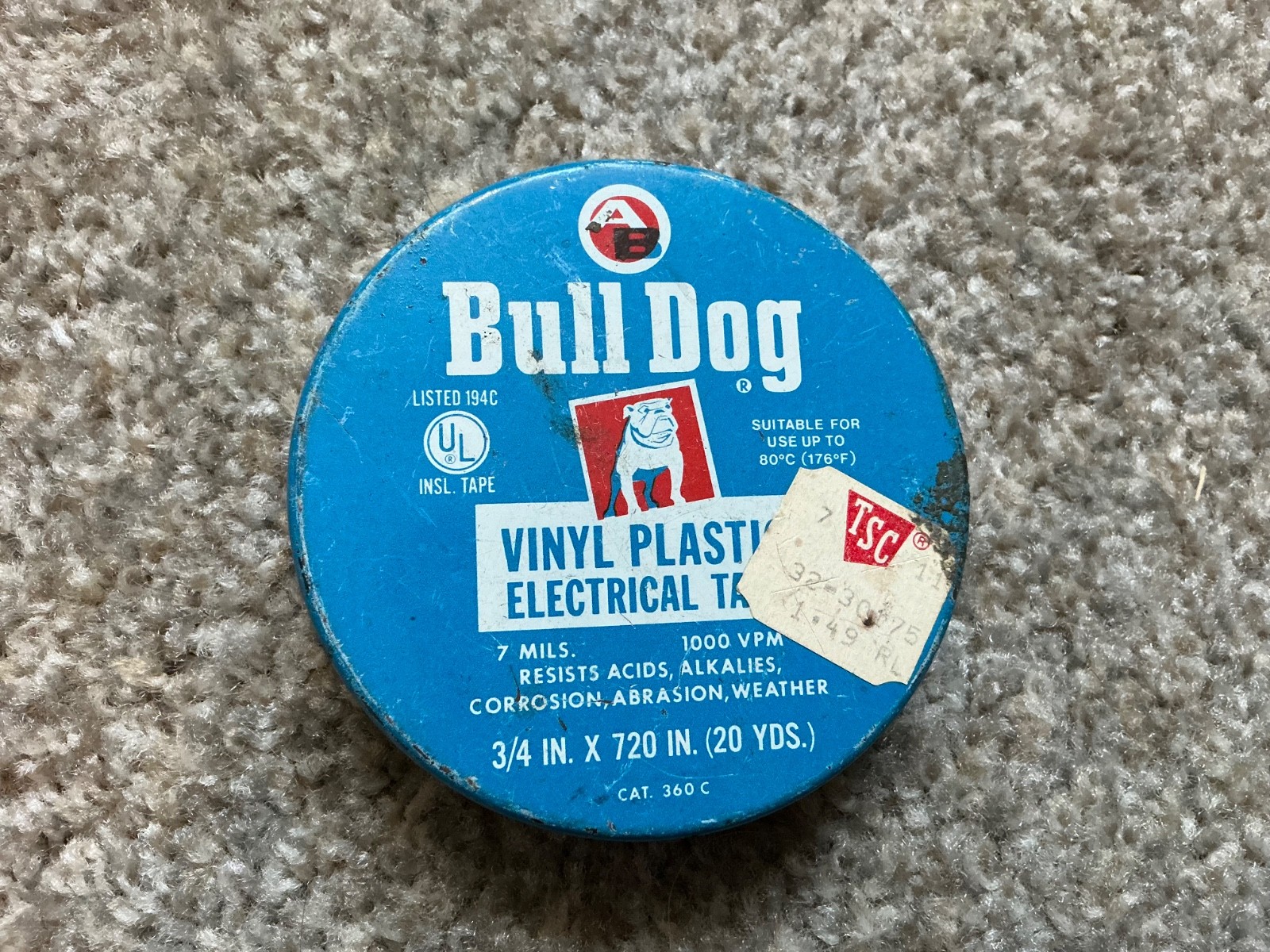 Vintage TSC Bulldog Cinyl Plastic Electrical Tape Collector Tin Blue Empty 3.5”